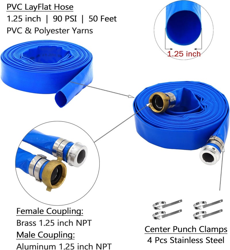DAVCO 1.25" ID x 50 ft Pool Backwash Hose, Heavy Duty Reinforced Blue PVC Lay Flat Water Discharge Pump Hoses For Swimming Drain Pools and Clean Filters, With Aluminum Pin Lug Fittings - Image 3